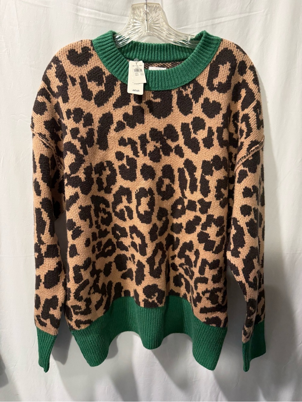 aerie Leopard Print Crewneck Sweater with Green Trim